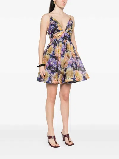 Zimmermann Luna Gathered Floral-print Linen And Silk-blend Mini Dress In Blue