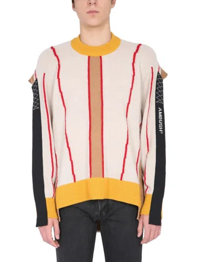 Ambush Pullover In Beige With Multicolor Intarsia In Gray