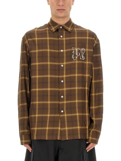 Palm Angels Logo Embroidered Checked Long-sleeved Shirt In Brown