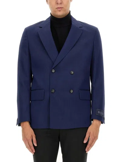 Hugo Boss Double-breasted Two-pocket Blazer In Blue