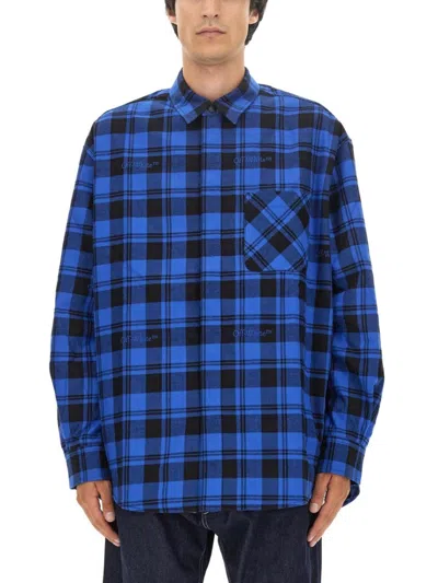 Off-white Oversized Check Pattern Paint Detail Overshirt In Blue
