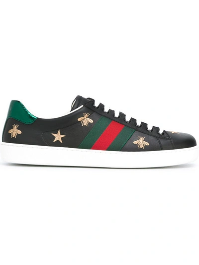 Gucci 50mm Ace Embroidered Leather Trainers In Black