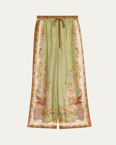 Zimmermann Womens Khaki Scarf Floral Indra Wide-leg Silk Trousers In Green