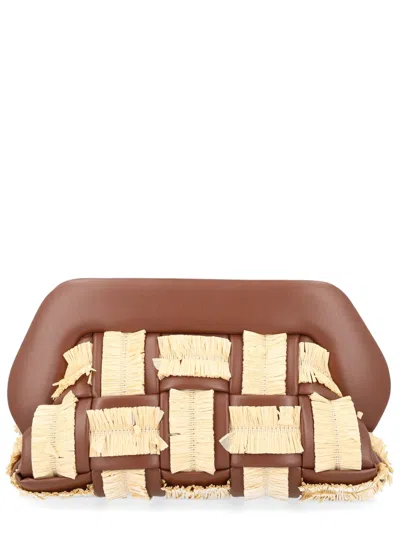 Themoirè Rectangular Woven Clutch Bag Fringe Handle In Brown