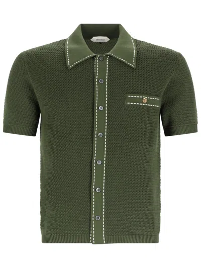 Versace Knit Shirt Chest Pocket Contrast Stitching In Green