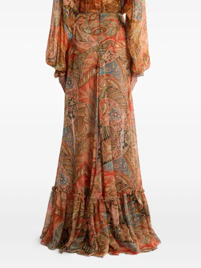 Etro Paisley Print Ruffle Silk Chiffon Maxi Skirt In Multi