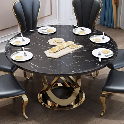 Homary 59" Modern Black & Gold Round Marble Dining Table With Stainless ...