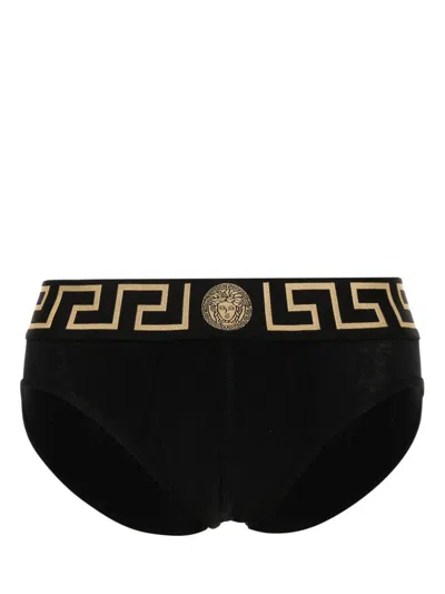 Versace Stretch Cotton Brief Set With Geometric Pattern In Black