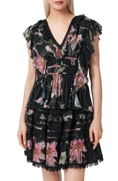 Allsaints Canto Floral Side Tie Tiered Ruffle Trim Top In Multi