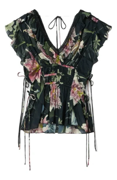 Allsaints Canto Floral Side Tie Tiered Ruffle Trim Top In Multi