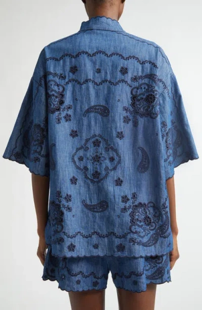 Zimmermann Aster Denim Shirt With All-over Contrasting Embroidery In Blue