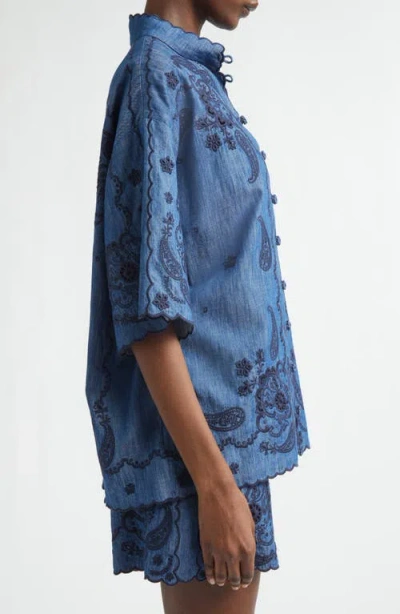 Zimmermann Aster Denim Shirt With All-over Contrasting Embroidery In Blue