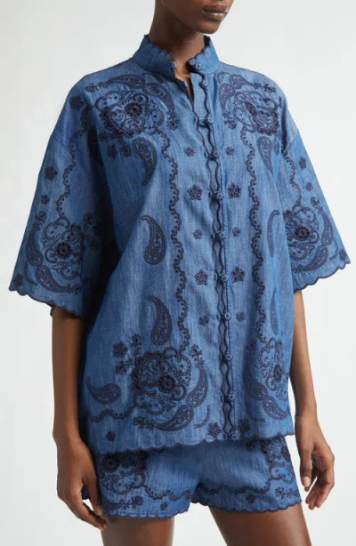 Zimmermann Aster Denim Shirt With All-over Contrasting Embroidery In Blue