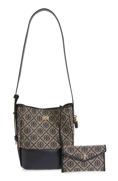 Tory Burch Lock T Monogram Slim Medium Bucket Bag Tory Navy In Multi