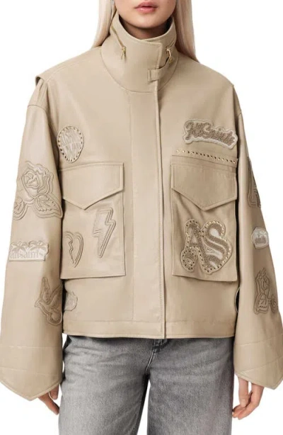 Allsaints Leather Clay Oversized Leather Patch Jacket In Neutral
