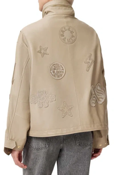 Allsaints Leather Clay Oversized Leather Patch Jacket In Neutral