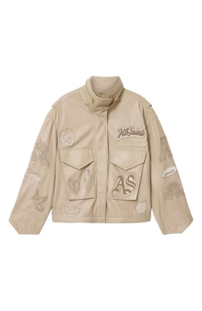 Allsaints Leather Clay Oversized Leather Patch Jacket In Neutral