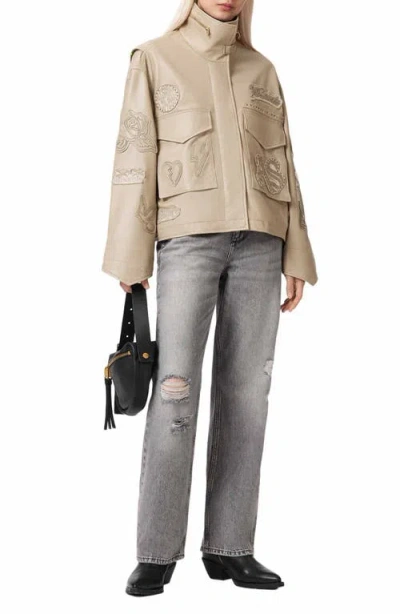 Allsaints Leather Clay Oversized Leather Patch Jacket In Neutral