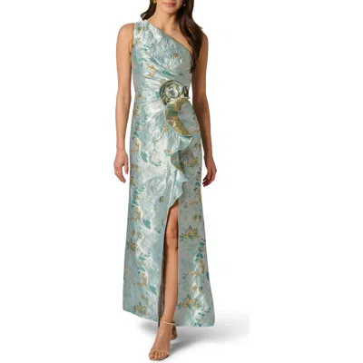 Adrianna Papell One-shoulder Rosette Metallic Jacquard Slit Gown In Multi