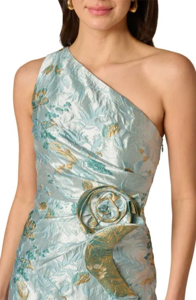Adrianna Papell One-shoulder Rosette Metallic Jacquard Slit Gown In Multi