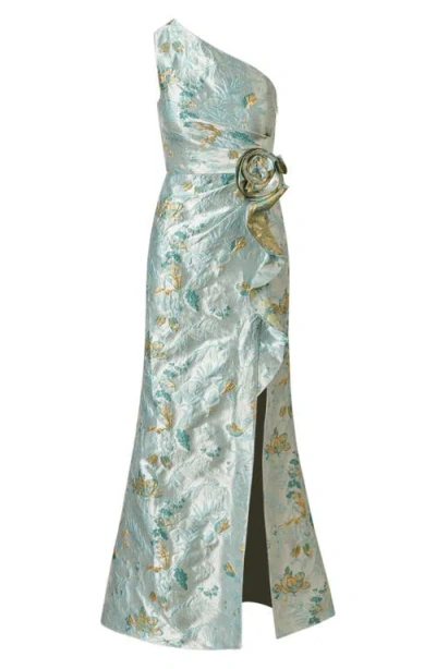 Adrianna Papell One-shoulder Rosette Metallic Jacquard Slit Gown In Multi