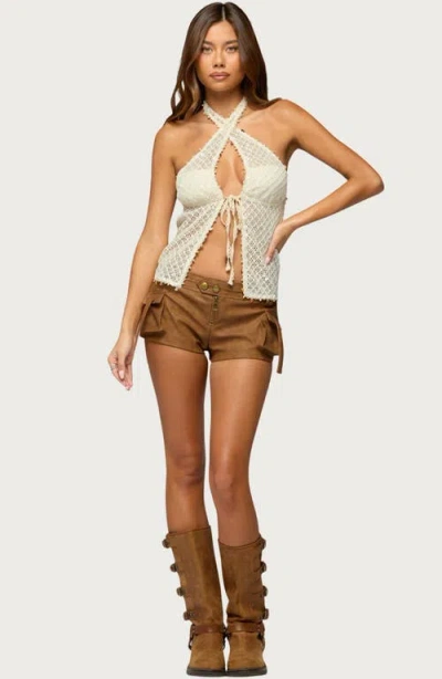 Edikted Sheer Net Sequin Split Front Top In Brown