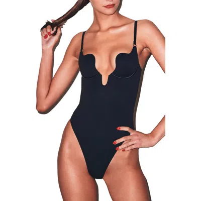 Fleur Du Mal Le Stretch Micro Seduce U-plunge Bodysuit In Black