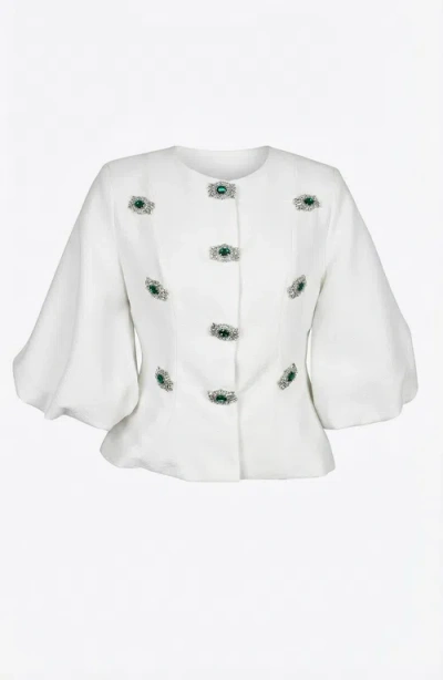 Modenaire Embellished Puff Sleeve Button Jacket In White