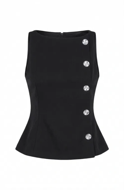 Modenaire Sleeveless Asymmetrical Button Structured Top In Black