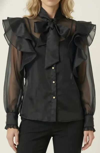 Modenaire Ruffle Oversized Bow Tie Button-front Blouse In Black