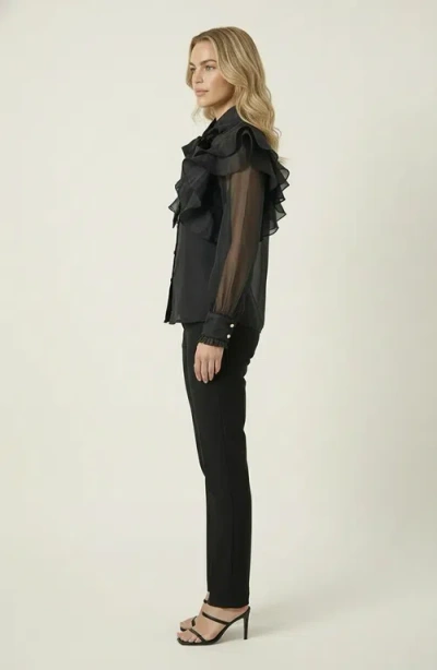 Modenaire Ruffle Oversized Bow Tie Button-front Blouse In Black