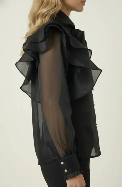 Modenaire Ruffle Oversized Bow Tie Button-front Blouse In Black