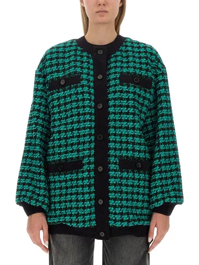 Msgm Oversized Houndstooth Tweed Jacket In Green