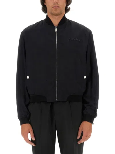 Versace Ribbed Cuffs Jacket Front Pockets Hem In Black