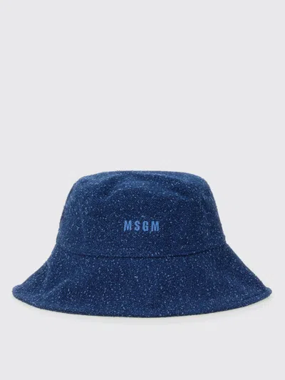 Msgm Textured Fabric Logo Brim Hat In Blue