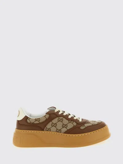 Gucci Textured Leather Sneakers With Branded Chunky Outsole In Brown