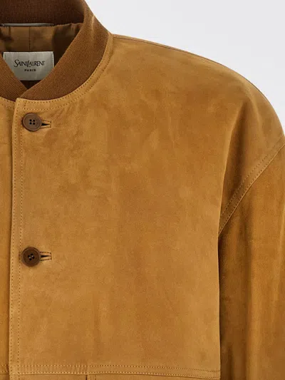 Saint Laurent Brown Solid Bomber Jackets In Brown