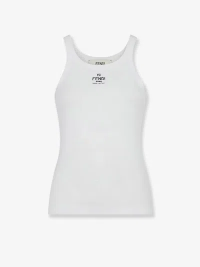 Fendi Women White Ribbed Tank Top With Contrasting Logo Embroidery In Stretch Cotton Woman