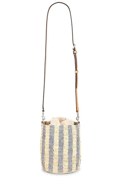 Valentino Garavani Small Bucket Bag In Raffia With Beige And Light Blue Stripes In Blue
