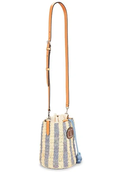 Valentino Garavani Small Bucket Bag In Raffia With Beige And Light Blue Stripes In Blue