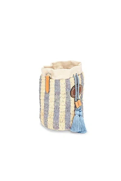 Valentino Garavani Small Bucket Bag In Raffia With Beige And Light Blue Stripes In Blue