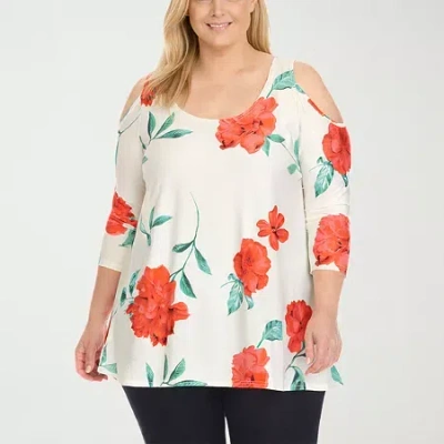 White Mark Plus Size Floral Printed Cold Shoulder Tunic Top In Multi