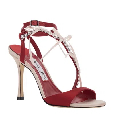 Jimmy Choo Lula Red Heeled Sandals With Crystal Straps And Shaped Bows In Satin Woman In Pink
