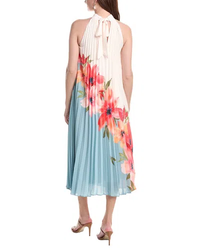 Adrianna Papell Pleated Chiffon Floral Color Block Midi Trapeze Dress In Blue Multi