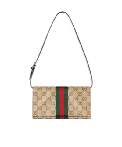 Gucci Small Pouch With Strap And Web In Brown