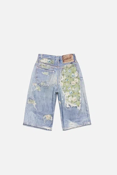 Acne Studios Floral-patchwork Distressed Shorts In Blue