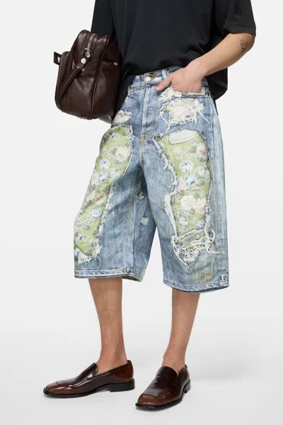 Acne Studios Floral-patchwork Distressed Shorts In Blue