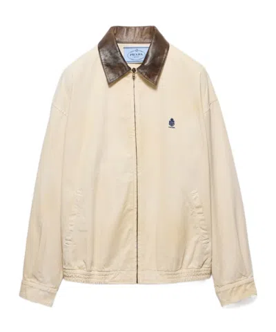 Prada Embroidered Garment-dyed Old Gabardine Blouson Jacket In Brown