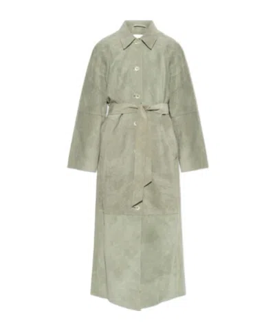 Samsoe & Samsoe Sarae Belted Suede Coat In Green