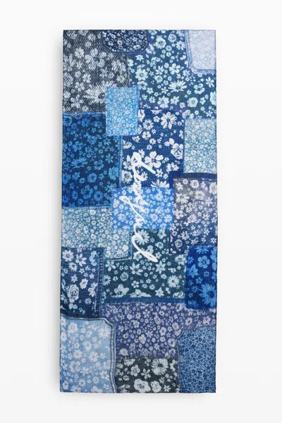 Desigual Rectangular Denim Patch Scarf In Blue